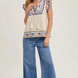 Boho Embroidered Ruffled Sleeve Tasseled Drawstring Top Linen Blend