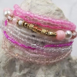 Seed Bead Stackable Bracelet Set Stretch Pinks White Clear Gold Beads