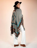 Southwest Western Aztec Border Ruana Wrap Shawl Gray