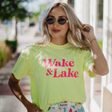 Wake and Lake Graphic Cotton Tee Neon Yellow and Hot Pink