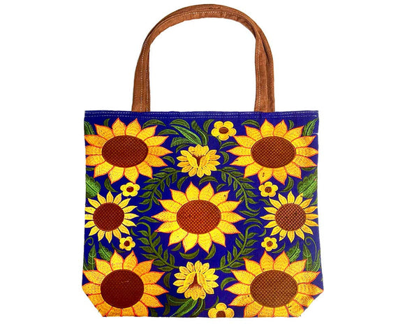 Embroidered Floral Sunflower Large Suede Purse Tote Bag