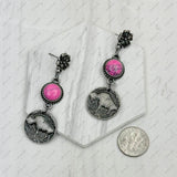 Silver Flower Buffalo Concho Pink Stone Dangle Earrings