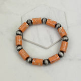 Orange Stone & Silver Navajo Pearl Bead Stretch Bracelet