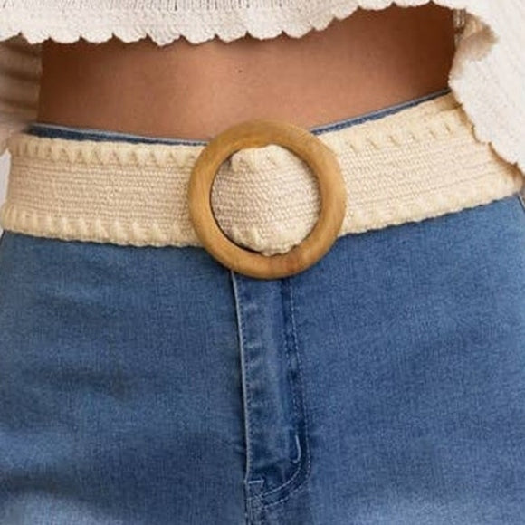 Boho Whipstitch Raffia Belt with Wooden Round Buckle Ivory