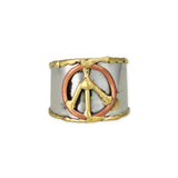 Mixed Metal Peace Sign Ring | Hammered Silver Band with Gold & Copper Boho Ring
