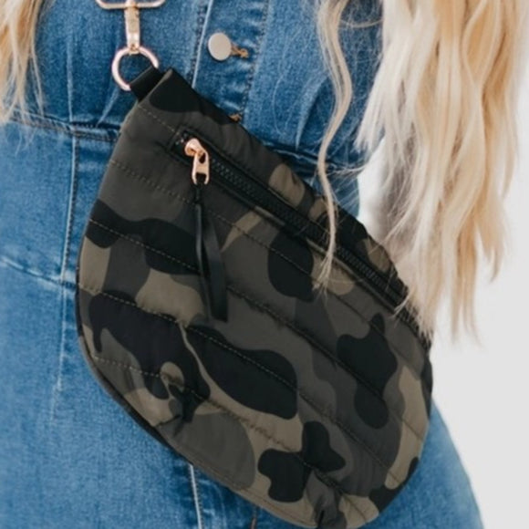 Green Black Camo Camouflage Quilted Puffer Sling Belt Crossbody Bag