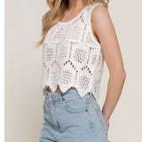 Sleeveless Round Neck Cotton Crochet Crop Tank Top White