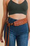 Wide Woven Vegan Leather Belt - Camel Brown Tie-Up Waist Belt