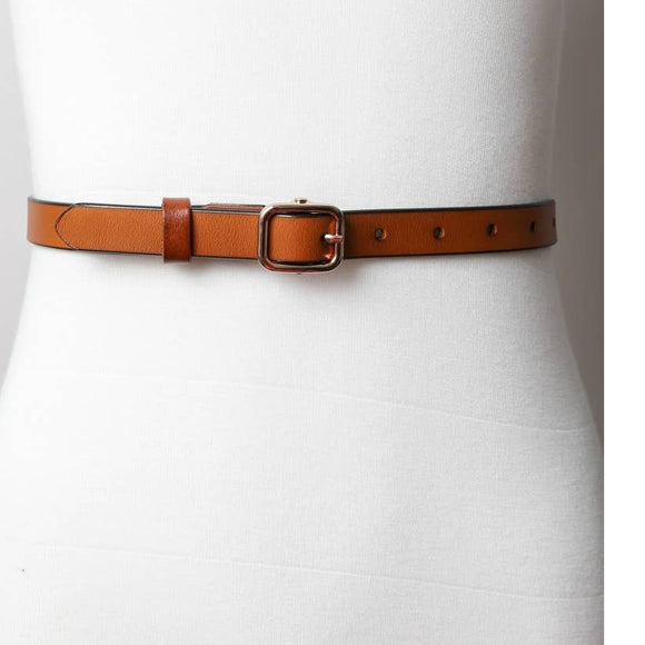 Versatile Skinny Classic Leather Gold Buckle Belt Camel Brown