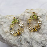 Crystal Flower and Enamel Bee Dangle Earrings