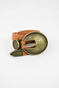 Oval Embossed Vintage Look Buckle Western Belt Camel Brown