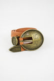 Oval Embossed Vintage Look Buckle Western Belt Camel Brown