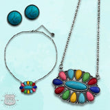 Oval Multicolor Stone Flower Necklace Earring Set