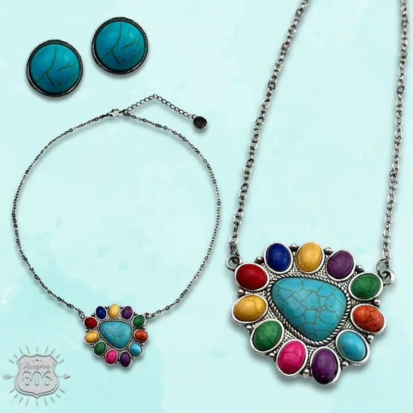 Western Southwestern Multicolor Stone Triangle Necklace Stud Earring Set