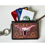 Longhorn Western Cowhide Tooled Leather Keychain Wallet Pink Outline