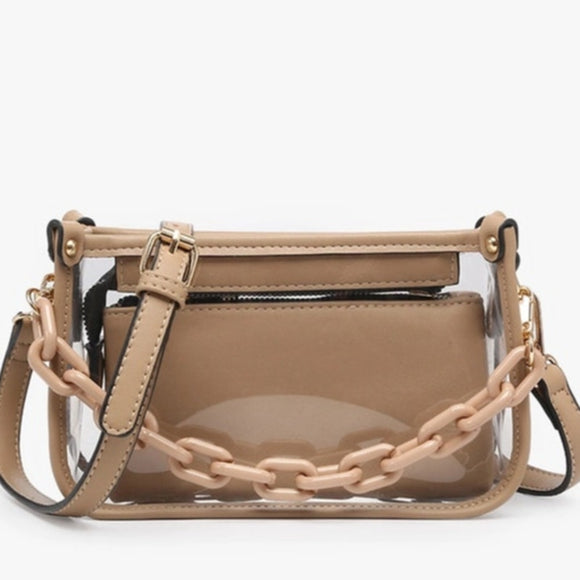 Jessica Clear Duo Crossbody Strap Chain Strap Taupe