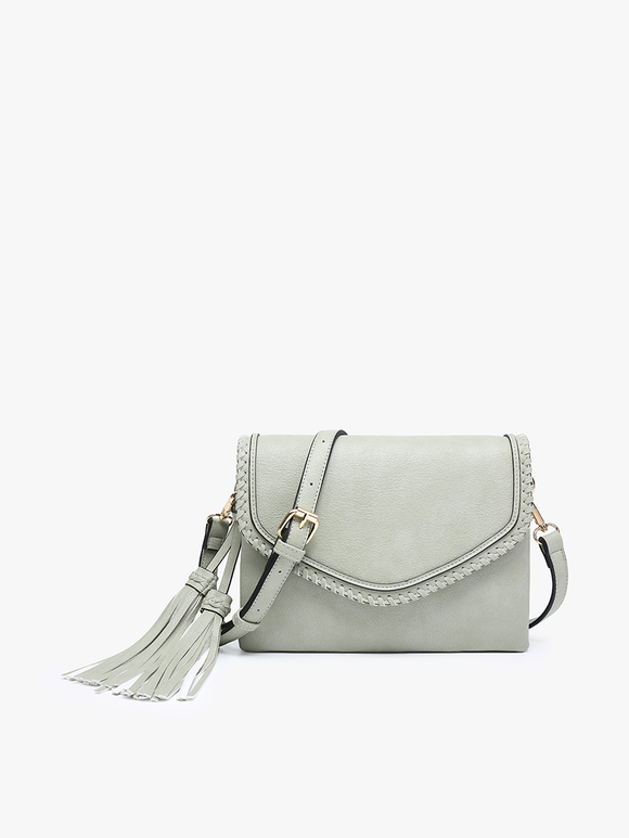 Light Sage Green Flapover Crossbody with Whipstitch and Tassel