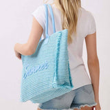 Woven Straw Fringe Tote with Summer Embroidery & Gold Lurex in Blue