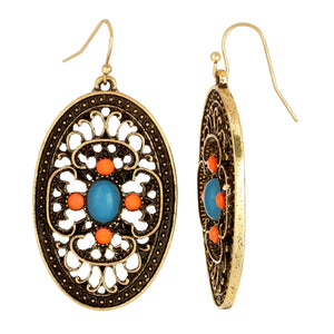 1928 Jewelry Brass Turquoise and Coral Filigree Oval Drop Dangle Earrings