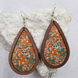 Boho Fall Flower Wood Teardrop Dangle Earrings