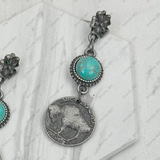 Silver Flower Buffalo Concho Blue Turquoise Stone Dangle Earrings