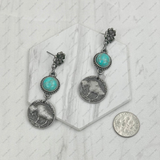 Silver Flower Buffalo Concho Blue Turquoise Stone Dangle Earrings