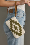 Cream Olive Western Aztec Wool Cotton Suede Wristlet