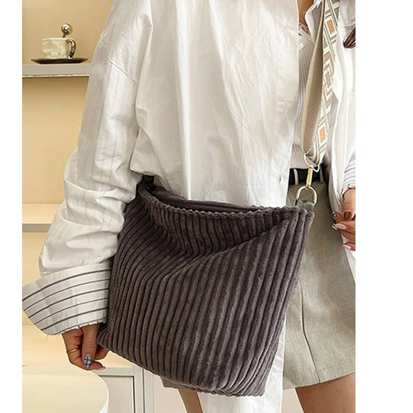 Corduroy Slouchy Tote Bag With Guitar Shoulder Strap Grey