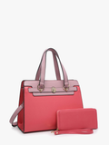 Lexie Two-Tone Vegan Leather Satchel Bag with Wallet in Fuchsia