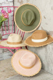 Boho Fringe Edge Woven Straw Panama Sun Hat Pink Tan