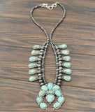 Handmade Full Squash Blossom Turquoise Necklace – 30" Statement Piece