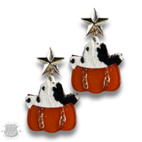 Western Hat Pumpkin Earrings Cow Print and Orange