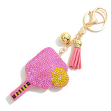 Pink Rhinestone Studded Puffer Pickleball Racket Keyring With Tassel