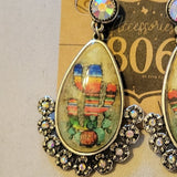 Scenic Southwest Western Cactus Acrylic Rhinestone Teardrop Earrings