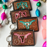 Longhorn Western Cowhide Tooled Leather Keychain Wallet Pink Outline