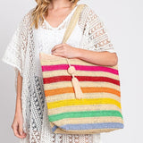 Striped Straw Crochet Tote Bag With Pom Pom Tassel