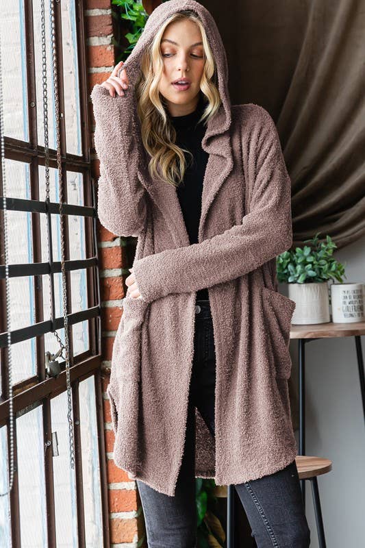 Long Sleeve  Cozy Soft Knit Hoodie Open Cardigan Wrap Mocha