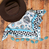 Turquoise Concho Longhorn Print Silky Wild Rag | Black/Ivory/Turquoise