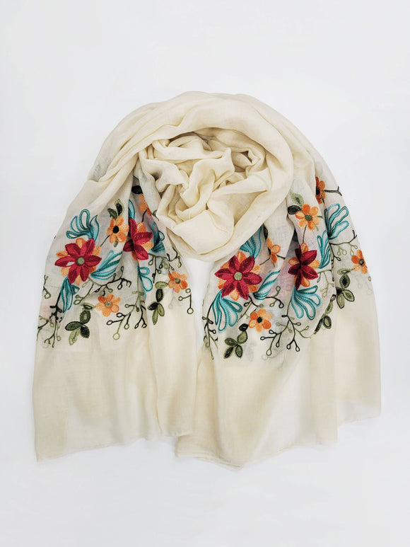 Pansy Embroidered Sheer Long Rectangle Scarf Vanilla Ivory