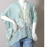 Embroidered Spring Daisy Woven Kimono Wrap Shawl Boho Floral Sage Green