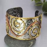 Mixed Metal Wire Spirals Silver Hammered Cuff Bracelet