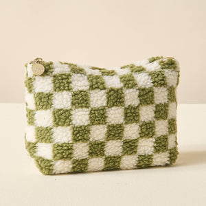 Sherpa Teddy Travel Cosmetic Pouch Check Green White