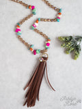 Western Tassel Necklace — Multicolor Beaded & Iridescent Stones