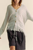 Fringed Textured Stripe Button Front Knit Cardigan Silver Grey