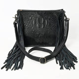 Black Croc Embossed Leather Fringe Crossbody  Western Cowgirl Rodeo
