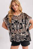 Embroidered Mesh Crochet Top - Black with Ivory Detail