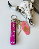 Western Hair On Cowhide Wristlet Keychain Pink with Silver Specks