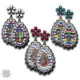 Western Southwestern Serape Crystal Cactus Flower Post Teardrop Earring