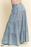 Denim Button-Front Ruffle Hem Maxi Skirt