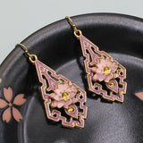 Pink Vintage Look Enamel Flower Dangle Gold Earrings